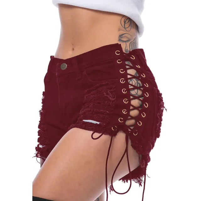 Beggar's Torn Women's Jeans Bandage Nightclub Women's Hot Pants Wine Color - Shop at LoveMi