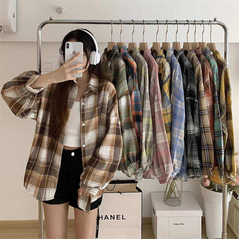 Title 2, Retro Loose Plaid Shirt Women