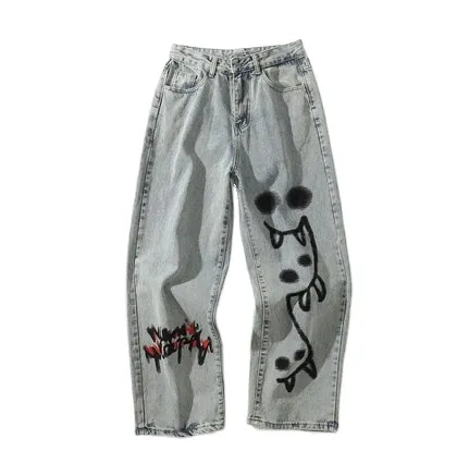 High Street Hip hop Graffiti Print Loose Drape Mopping Straight Casual Denim Trousers For Men And Women Blue - Shop at LoveMi