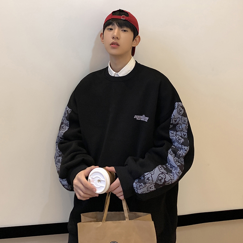 Bear Stitching Round Neck Sweater Men Ins Couple Casual Loose Top