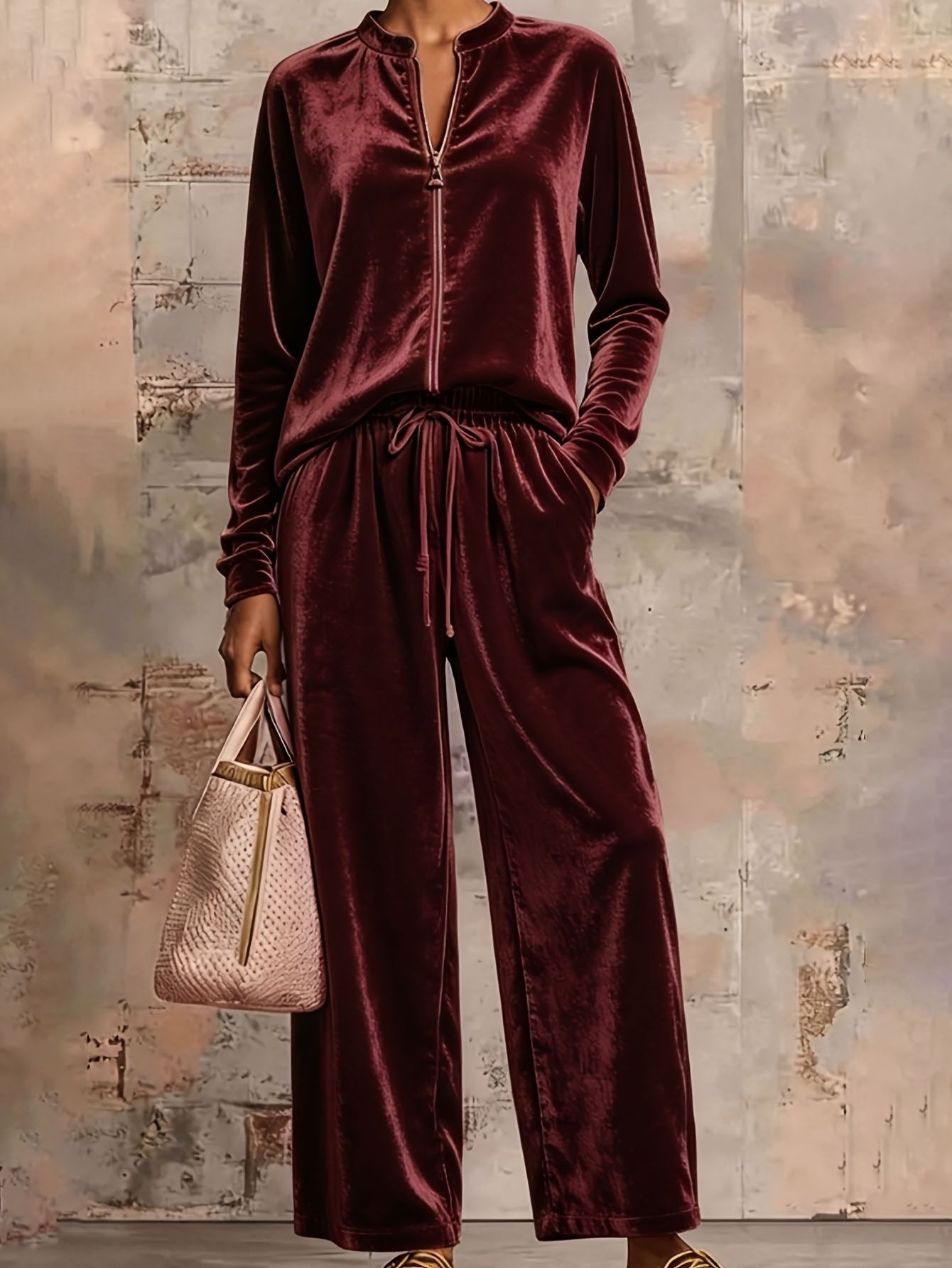 Velvet Hoodie Jacket & High Waist Wide Leg Pants Women's Outfit With Drapey Fabric