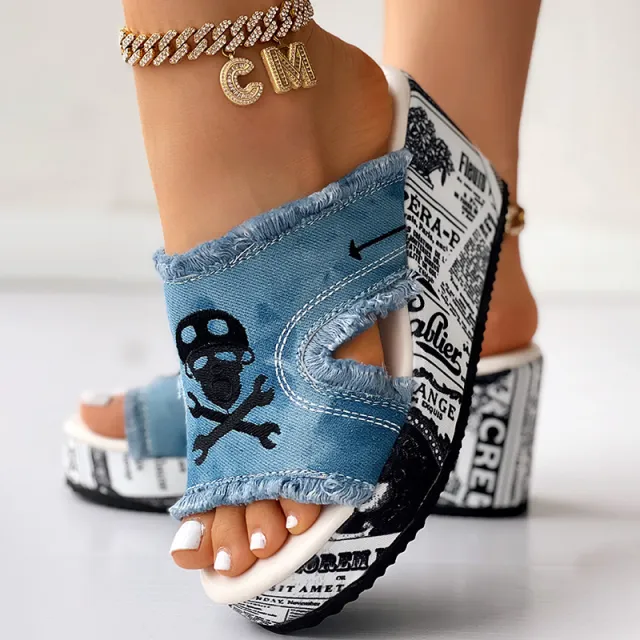 Newspaper Skull Original Hem Platform Wedge Slides Anklet Not Included Us 6 - Shop at LoveMi