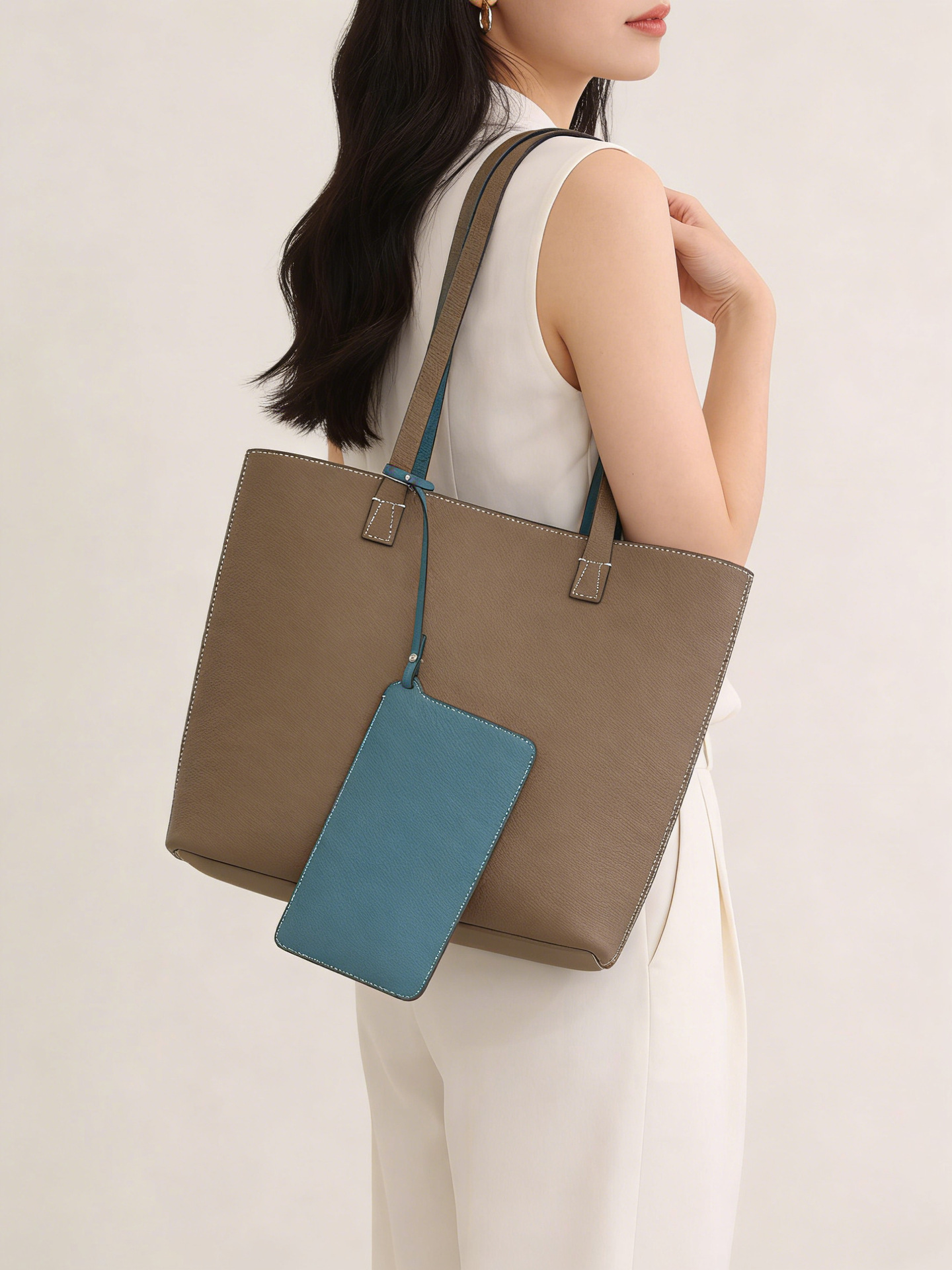 2026 New Korean Style Double-Sided Shoulder Bag TC Top Layer Cowhide Bucket Bag Large Capacity Open-Top Underarm Bag 2