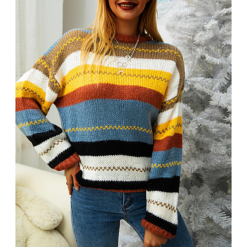 Autumn And Winter Women's Color Striped Stitching Round Neck Long-sleeved Sweater