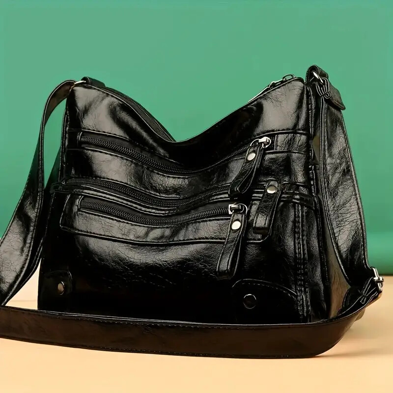 Women Shoulder Bag Large Capacity Washed Leather Messenger Bags Multi Zipper 2