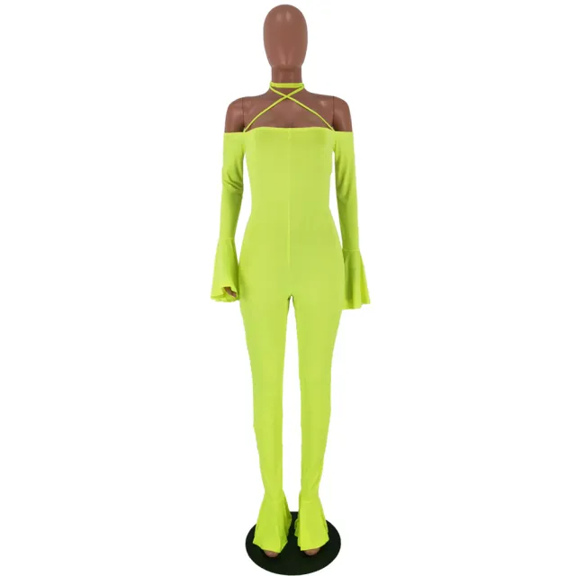 European And American Backless Fungus Sleeve Jumpsuit Fluorescent Green - Shop at LoveMi