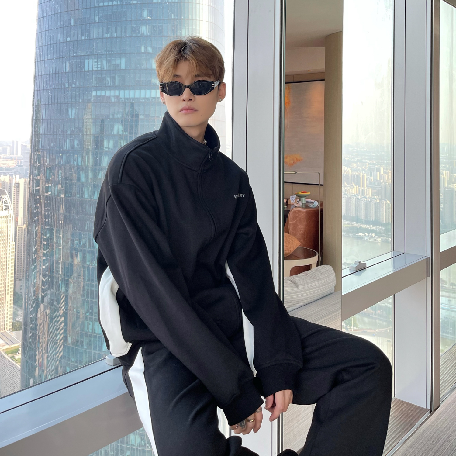 Couple Winter Plus Velvet Contrast Color Design Letter Coat Two-piece Suit