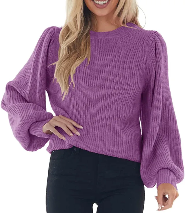 Women's Bubble Long Sleeve Oversized Casual Round Neck Rib Thick Knitted Loose Pullover Purple - Shop at LoveMi