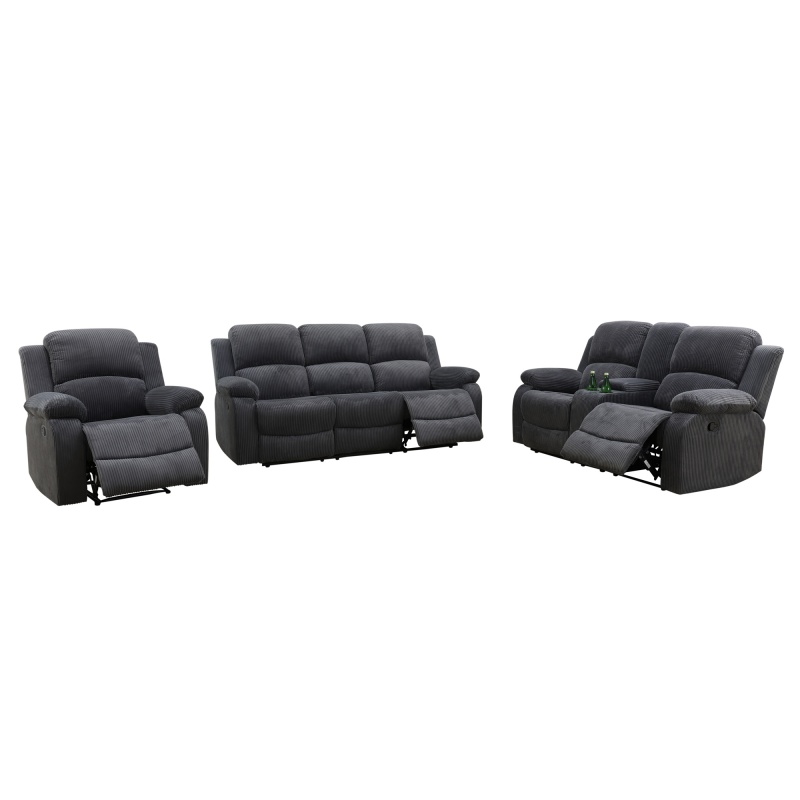 Pickup Only--Dark Grey Corduroy 3-Piece Living Room Recliner Sofa