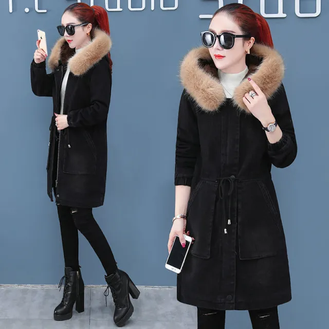 Women's Plus Velvet Thick Mid length Denim Jacket Black - Shop at LoveMi