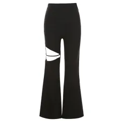 Women's Solid Color High Waist Bag Hip Sexy Hollow Casual Flared Pants - Black - View 1