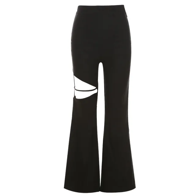 Women's Solid Color High Waist Bag Hip Sexy Hollow Casual Flared Pants Black - Shop at LoveMi