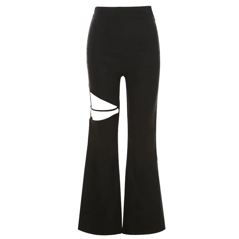 Women's Solid Color High Waist Bag Hip Sexy Hollow Casual Flared Pants - Black
