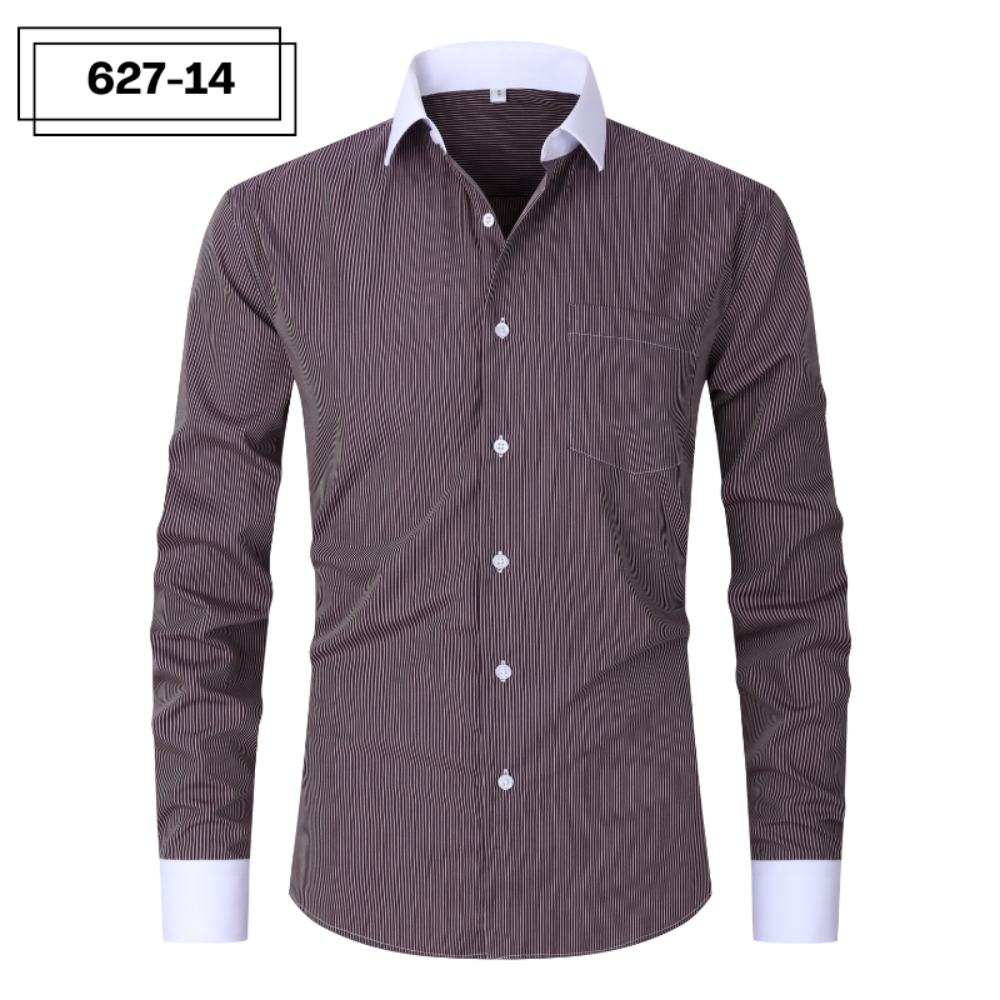["Men's dress shirt","Striped button-down","Long sleeve men's top","Formal shirt"]