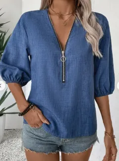 Elegant Deep V-Neck Zip-Up Blouse For Women - Chic Spring Fall Fashion, Machine Washable, Design, Sleeve - Sea Blue - View 1