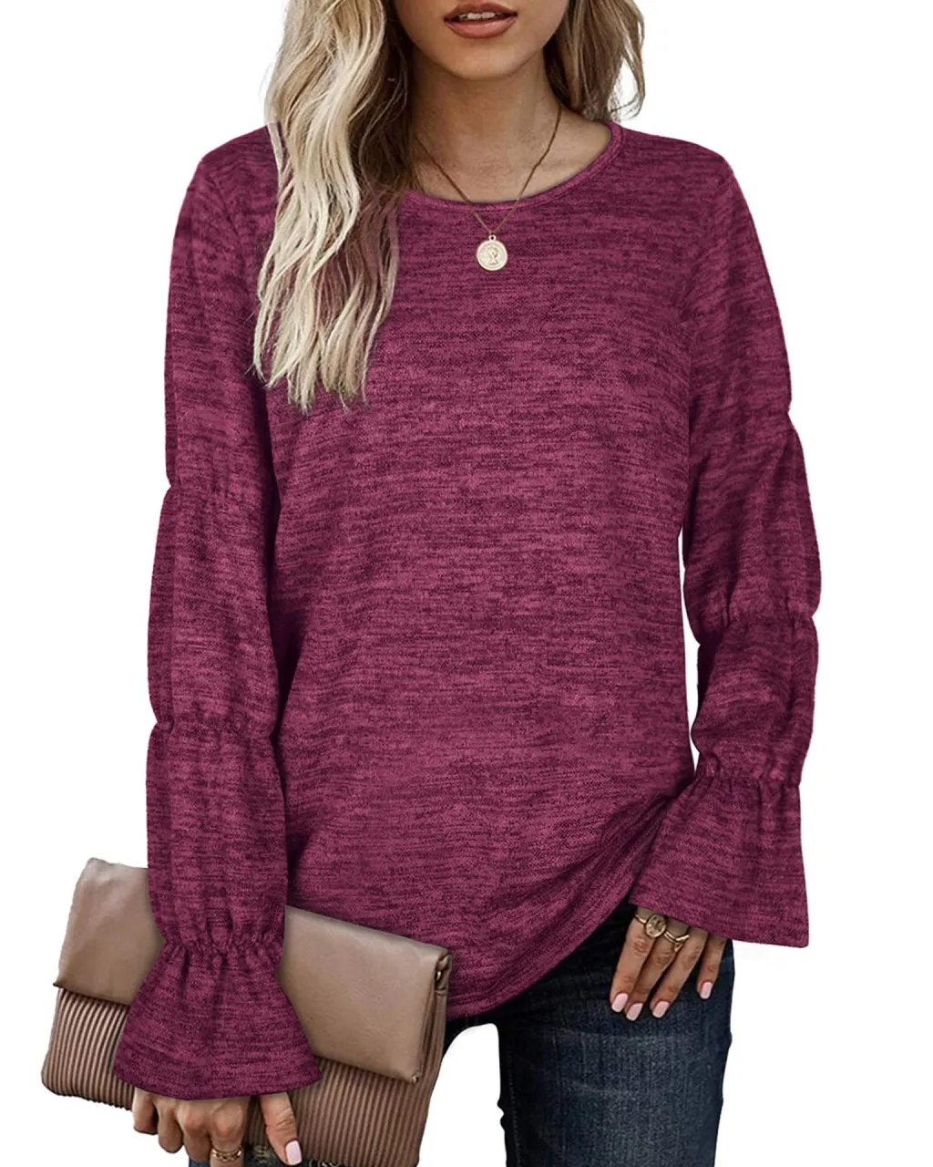Women's Temperament Commuter Loose Long Sleeve Casual Knit T-Shirt - Purple