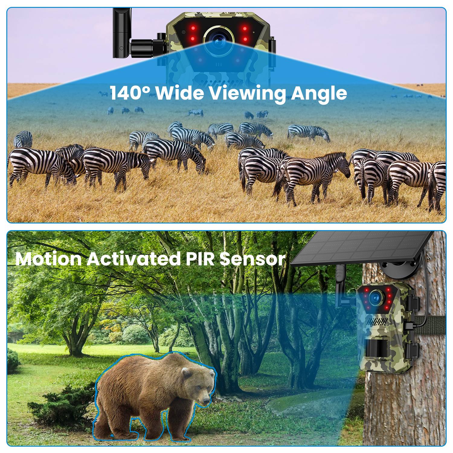 1Pc 4G 4K 30FPS Solar Trail Camera Outdoor Wildlife Camera Motion Activated IP66 Waterproof With 140 Degree Viewing Angle No Glow Night Vision SIM Card APP Control No WiFi Needed