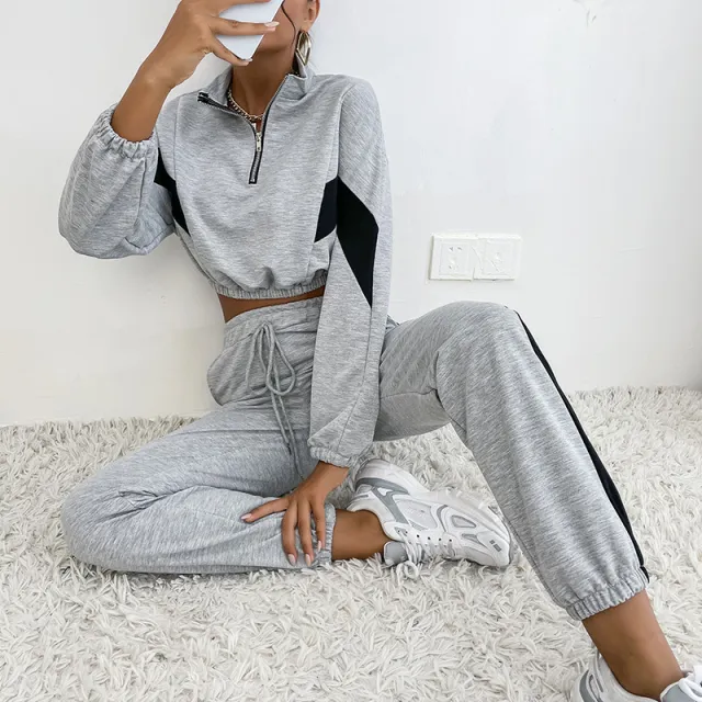 European And American Autumn And Winter Women's Sports Stand Collar Suit Contrast Color Sweatshirt Two piece Set Grey - Shop at LoveMi