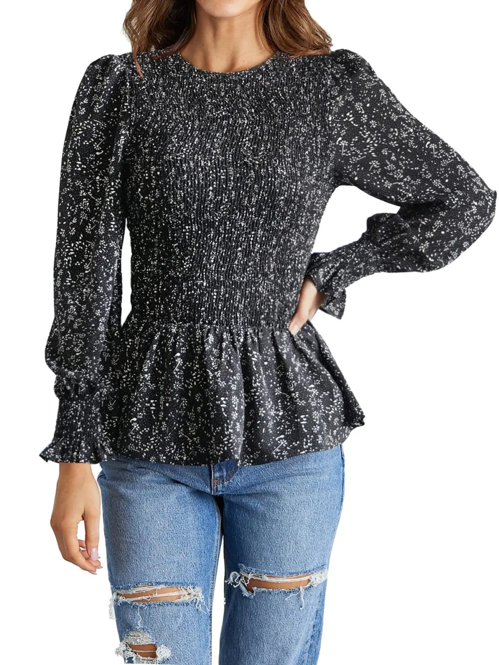 Long Sleeve Tunic Printed Shirt Top - Black Broken Flower