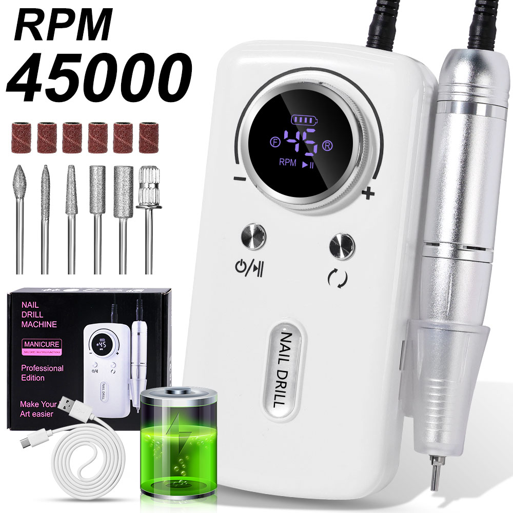 Professional Electric Nail Drill, 45000RPM Cordless Nail File Drill With 6 Drills, LCD Display, Nail File Machine For Removing Acrylic Gel Nails, Nail Salon Equipment, Rechargeable 9