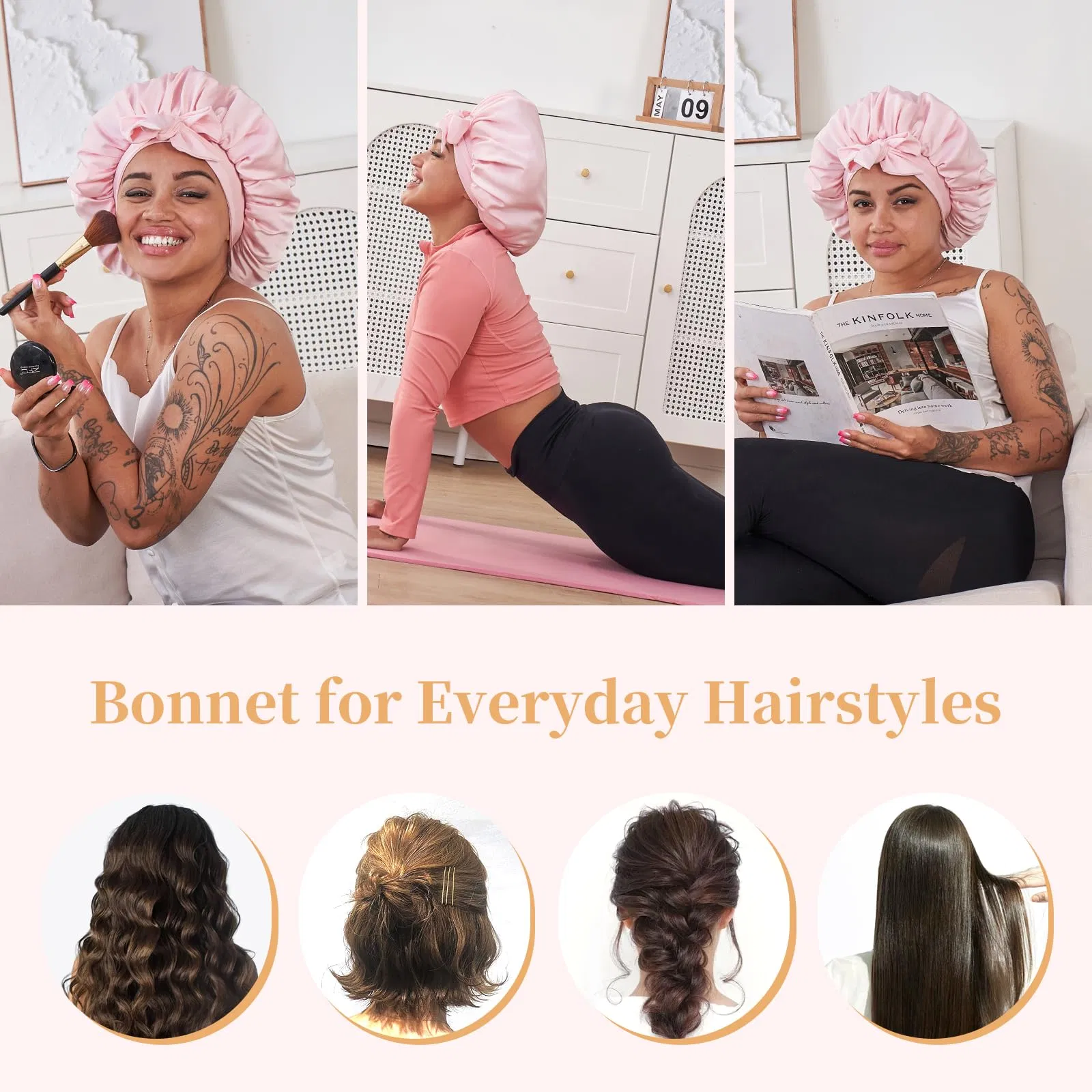 Silk Bonnet For Sleeping Women, Satin Hair Bonnet For Sleeping For Wavy Curly Natural Hair Women Men - Pink - Image 3