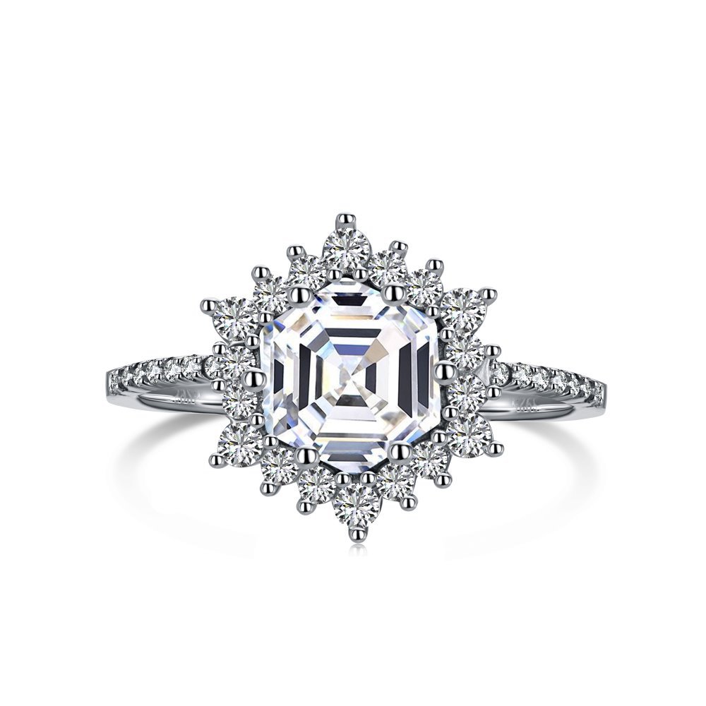 Sterling Silver Zircon Ring With Diamond Pagoda Cut Hexagon