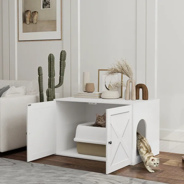 Cat Litter Box Enclosure With Barn Door, Cat Hole White - Shop at LoveMi