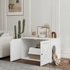 Cat Litter Box Enclosure With Barn Door, Cat Hole - White - View 1