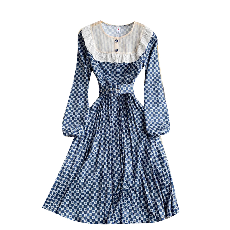 Women's Plaid Skirt Slim Mid-length Puff Sleeve Palace Style Dress