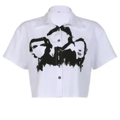 Fashion Women's Personalized Character Print Contrast Polo Neck Shirt - White - View 1