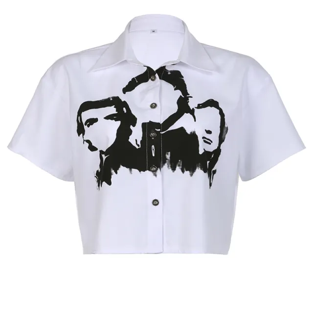 Fashion Women's Personalized Character Print Contrast Polo Neck Shirt White - Shop at LoveMi