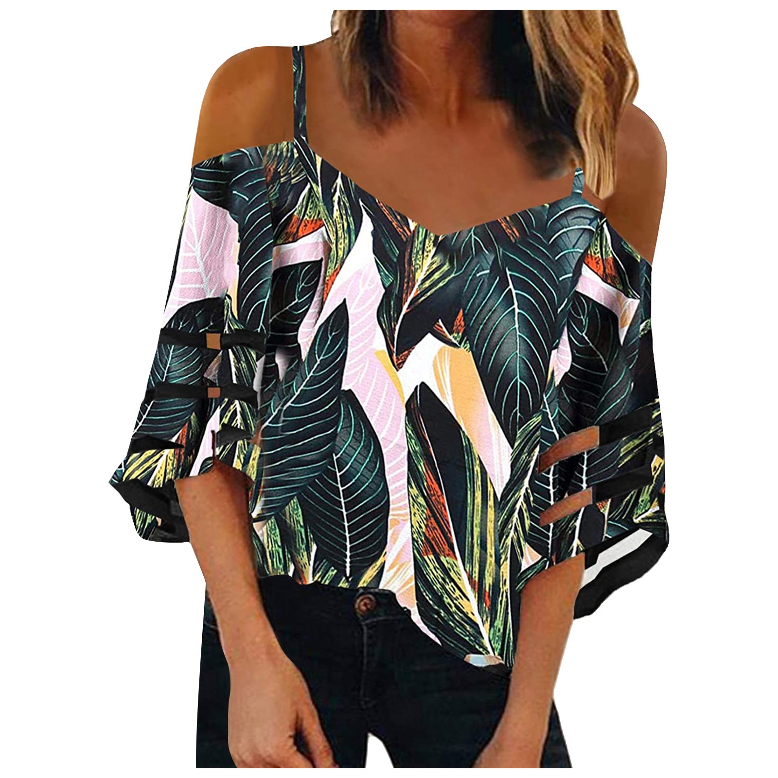 Title 5, Flared Sleeve V-neck Printed Off Shoulder Sling...