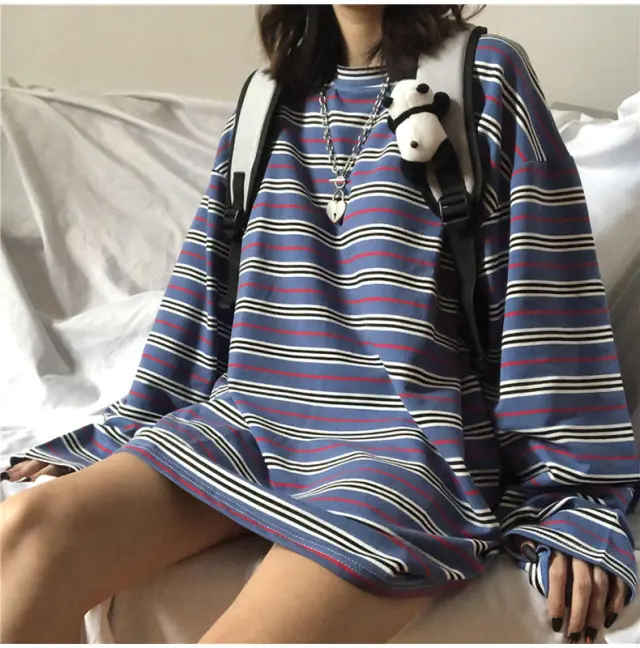 Striped Versatile Retro Underlay Outerwear Top Dark Blue - Shop at LoveMi