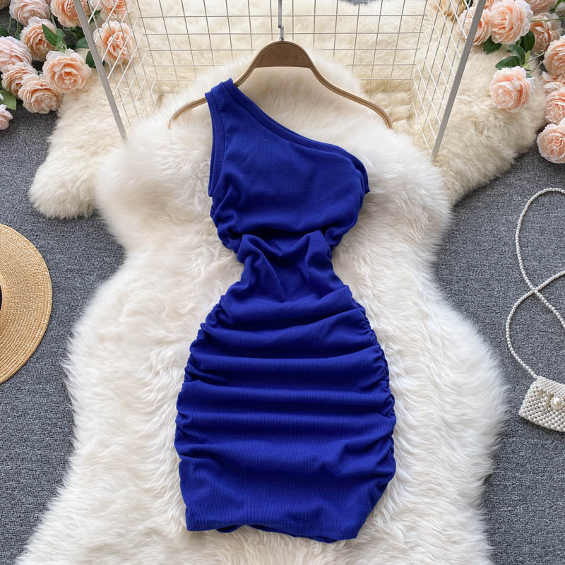 Women's Slanted Shoulder Tube Top Pleated Solid Color Dress - 5