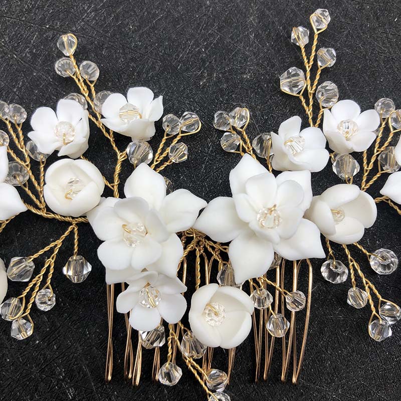 Crystal Ceramic Flower Bridal Crown Hair Comb