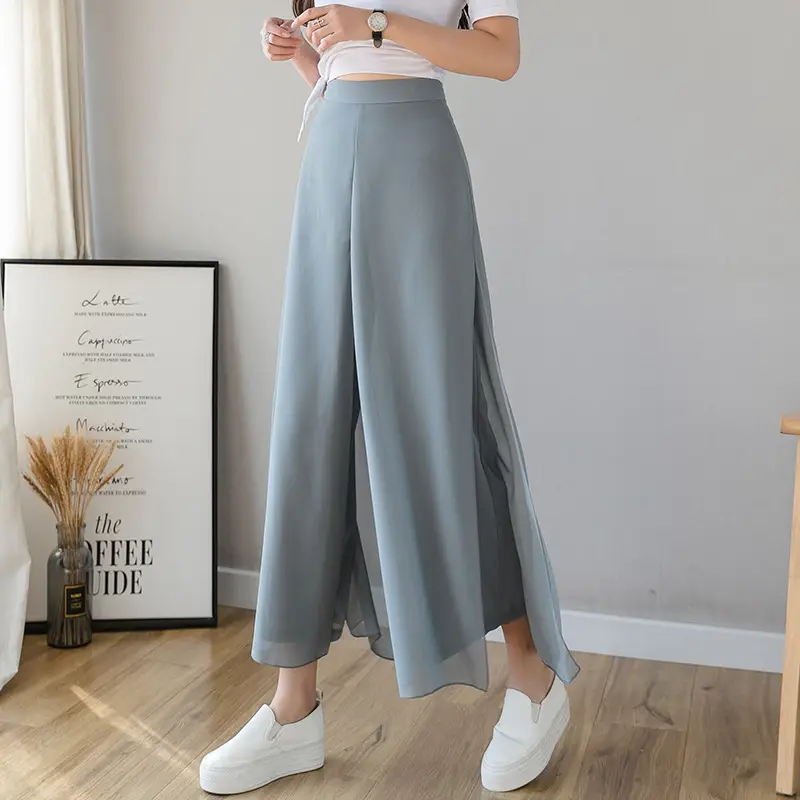 High Waist Slim Fashionable Ice Chiffon Broad Leg Pants Female