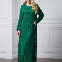 Fashion Long-sleeved Crew Neck Dress - Green - View 1
