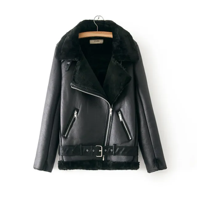Casual Simple Oblique Zipper PU Plus Velvet Jacket Black - Shop at LoveMi