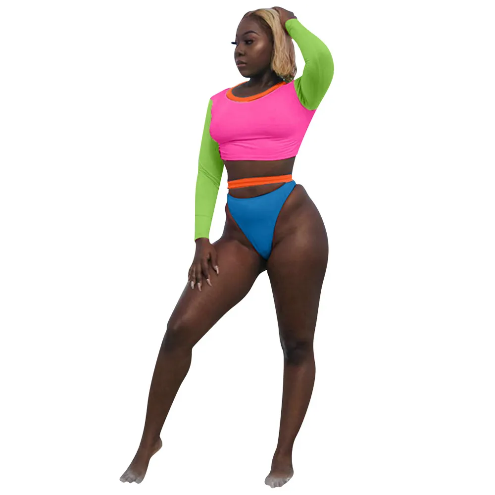 European And American Fashion Contrast Colour Split Swimsuit - Rose