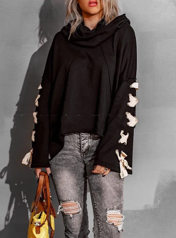 Ladies Autumn Winter Cotton Oversized Hooded Pile Collar Frayed Sweater Black - Shop at LoveMi