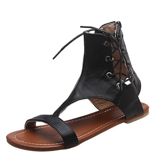 Roman Style Toe Solid Color Lace up Flat bottom Foreign Trade Plus Size Casual Sandals Black - Shop at LoveMi