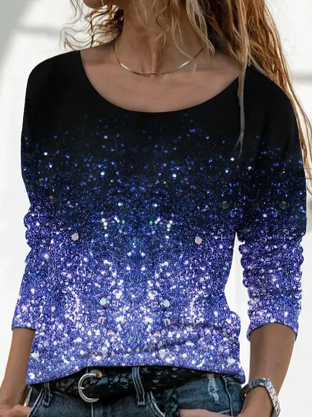 New Long Sleeve Loose Round Neck Casual Pullover 3D Printing T Shirt Women Broken Flower Blue - Shop at LoveMi
