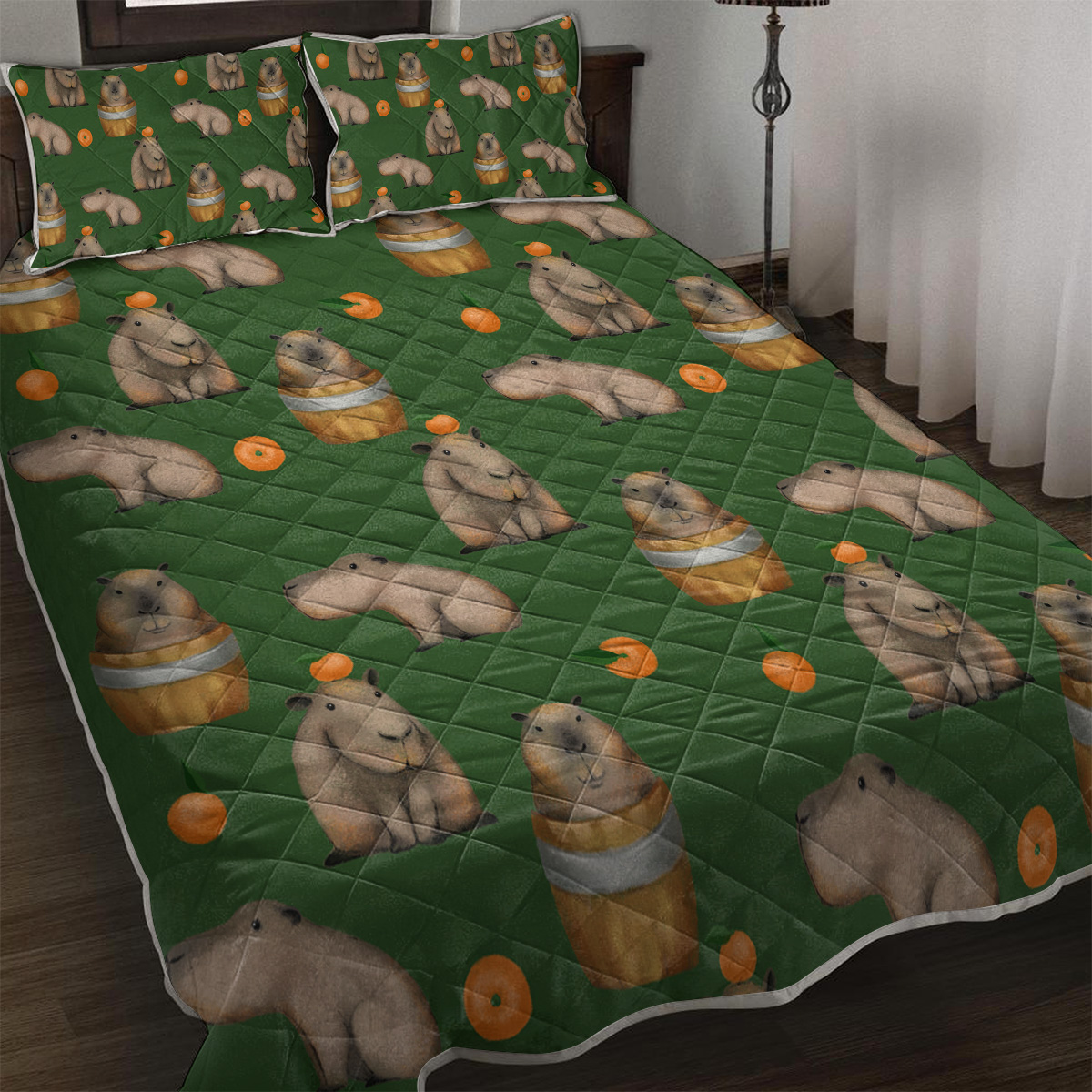 3-Piece Capybara Printed Quilt Set Soft Microfiber Lightweight Green Bedspread Coverlet Cartoon Animal Coverlet With 2 Pillow Shams