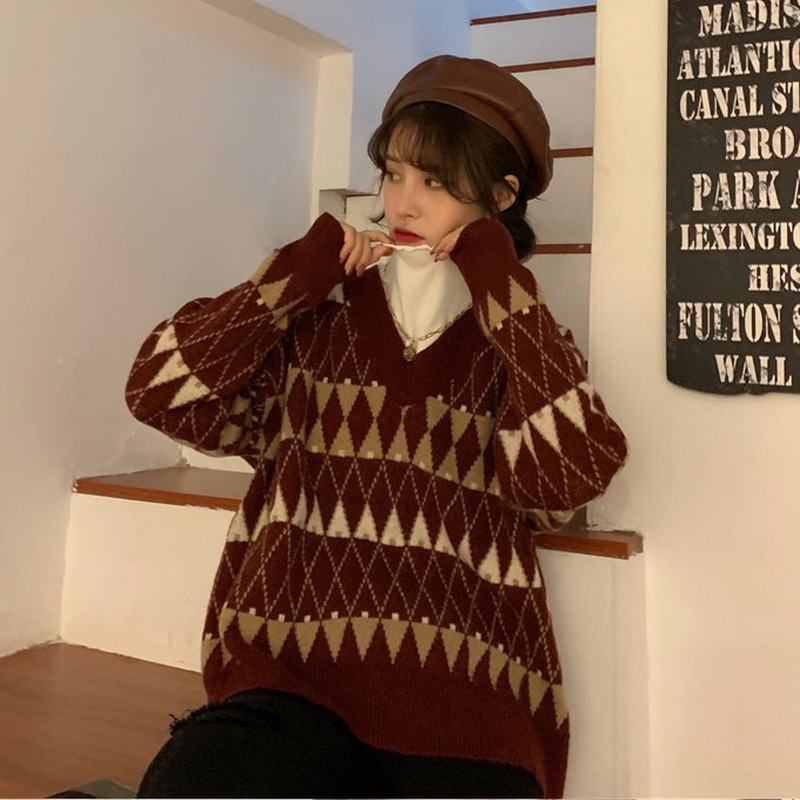 Women's Outer Wear Retro Color Block Loose Long Sleeve Sweater