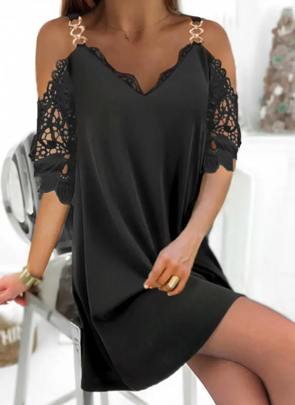Solid Lace Three quarter Sleeve Straight V Neck Dress Black - Shop at LoveMi