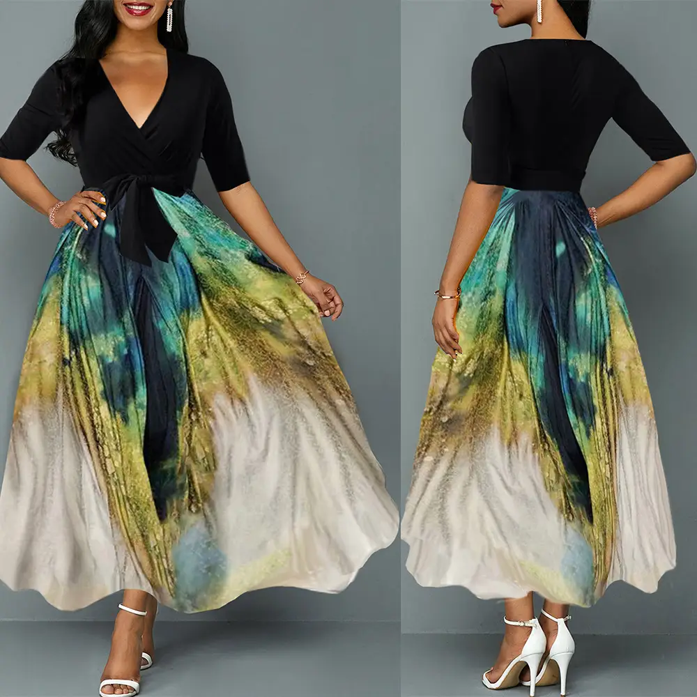 Women's Summer Chiffon Contrast Peacock Print Dress