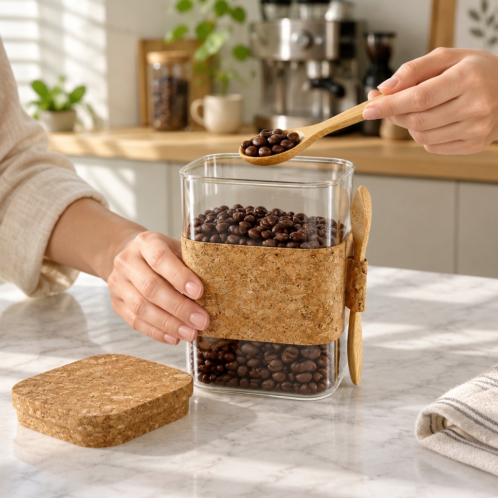 Square Glass Storage Jar With Cork Lid And Spoon,