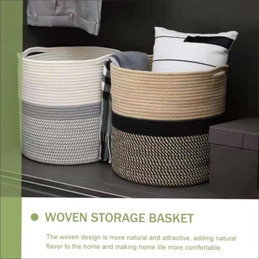 Cotton Woven Storage Basket Hamper. Cotton rope. Household laundry basket-- clothes basket storage organizer whether it is a basket of storage or a basket of plants, it is a beautiful decorative ornament. Indoor clothes basket-- the woven design is more n