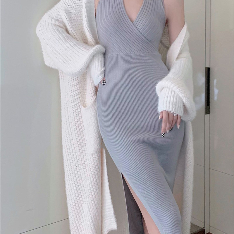 Women's Lazy Style Loose Long Sleeve V-Neck Mid Length Sweater Jacket