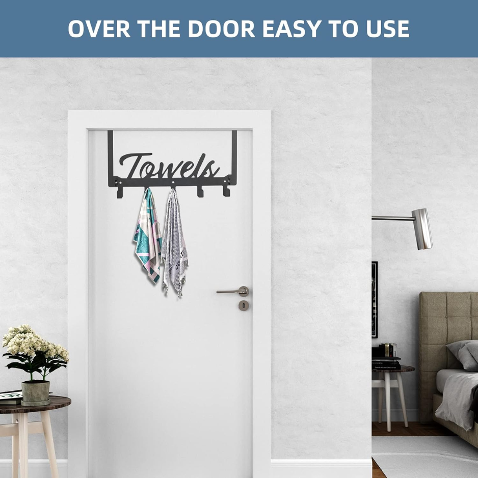 Over The Door Hooks Towel Rack Heavy Duty Door Hanger With 5 Coat Hooks For Bedroom Bathroom Kitchen Black 4